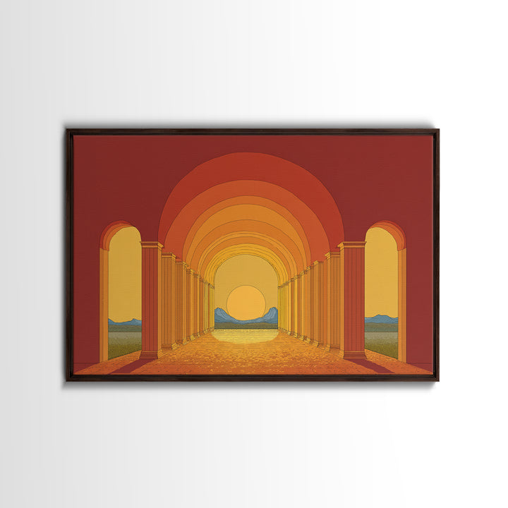 Sunset Arcade Colonnade In Orange Desert Wall Art, Midcentury Modern Architectural Print, Retro Home Decor For Hallway And Entryway