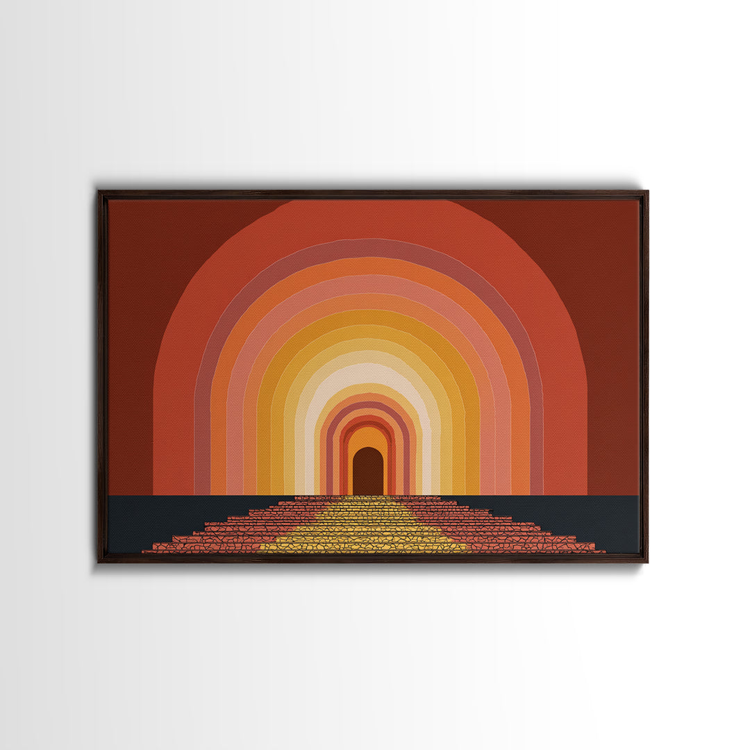 Rainbow Tunnel Arches With Stairway To Light Framed Canvas Print, Retro Wall Art, 70s Geometric Decor For Living Room And Office