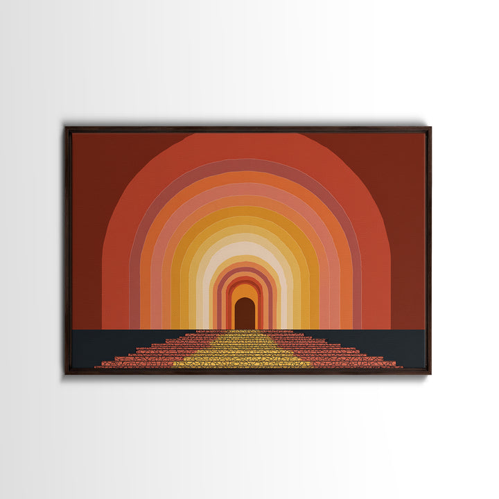 Rainbow Tunnel Arches With Stairway To Light Framed Canvas Print, Retro Wall Art, 70s Geometric Decor For Living Room And Office