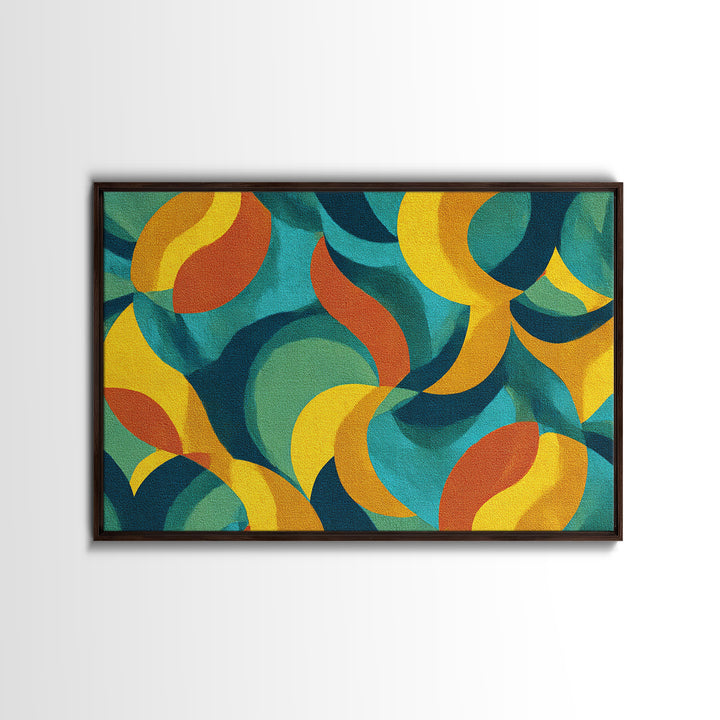 Teal Yellow Rust Crescent Shapes Framed Canvas Print, Midcentury Modern Art, Retro Geometric Wall Decor, Colorful Home Poster