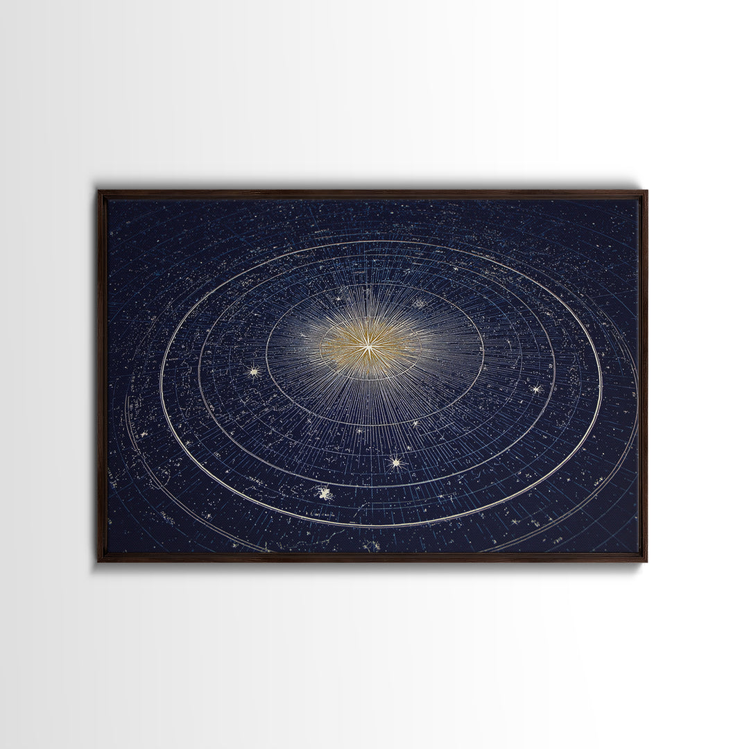 Navy Gold Celestial Compass Framed Canvas Print, Star Map Wall Art, Modern Cosmic Decor, Astronomy Home Office Poster Gift