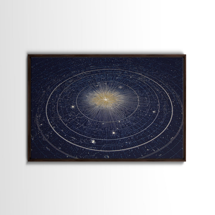 Navy Gold Celestial Compass Framed Canvas Print, Star Map Wall Art, Modern Cosmic Decor, Astronomy Home Office Poster Gift