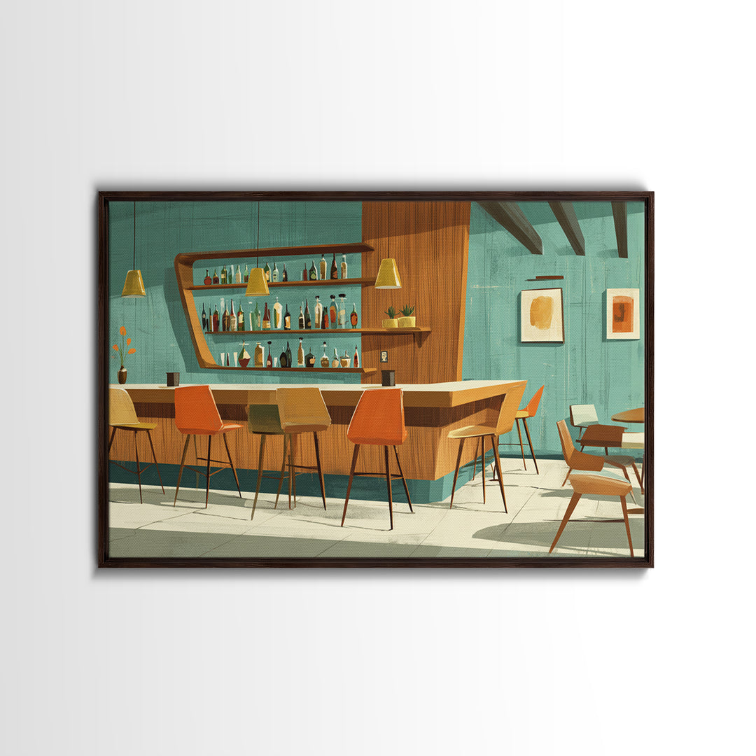 Wood And Teal Modernist Lounge Bar Wall Art, Midcentury Modern Canvas Print, Retro Cocktail Poster, Scandinavian Decor, MCM Decor