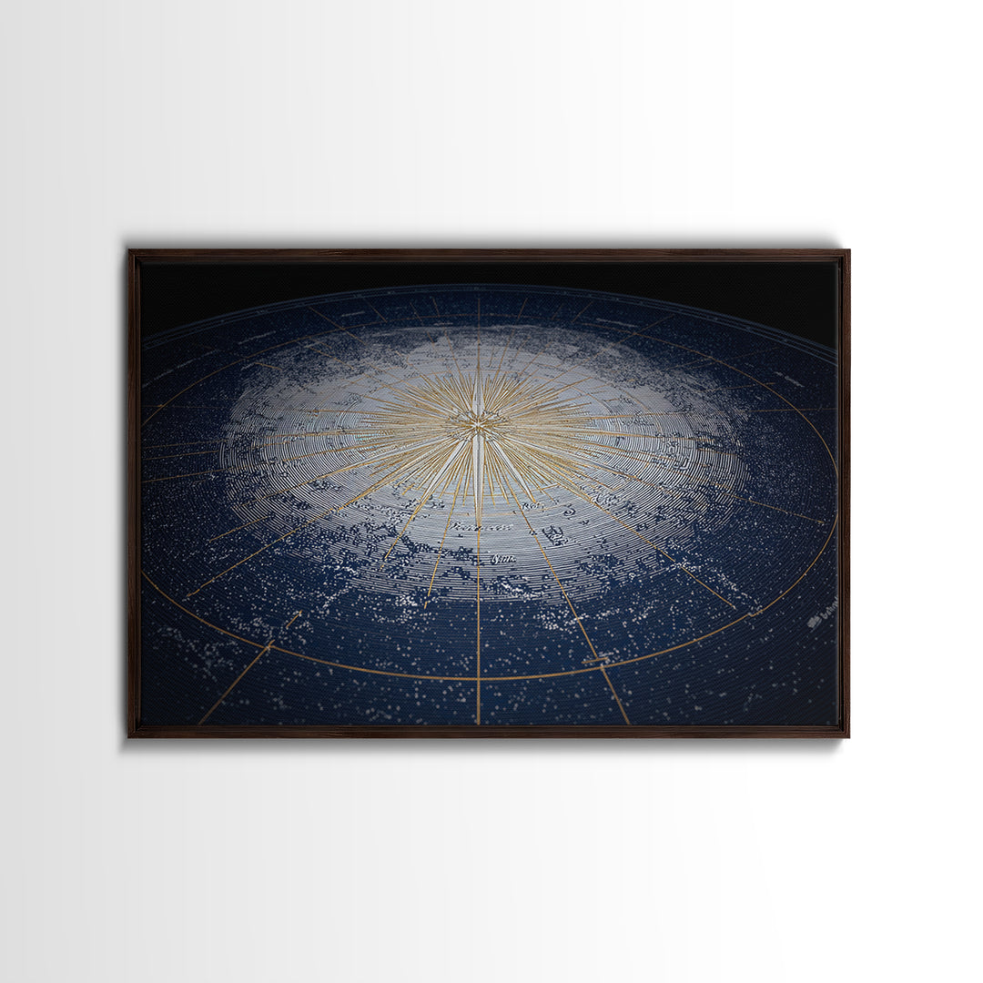 Blue Gold Radiant Star Map Canvas Print, Celestial Compass Wall Art, Modern Cosmic Decor, Astronomy Living Room Poster Gift