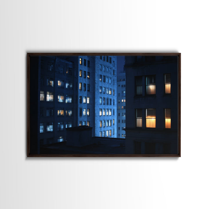Blue City Apartment Windows Wall Art, Urban Night Photography Print, Modern Wall Decor, Bedroom Art, Home Office Decor, Blue Art