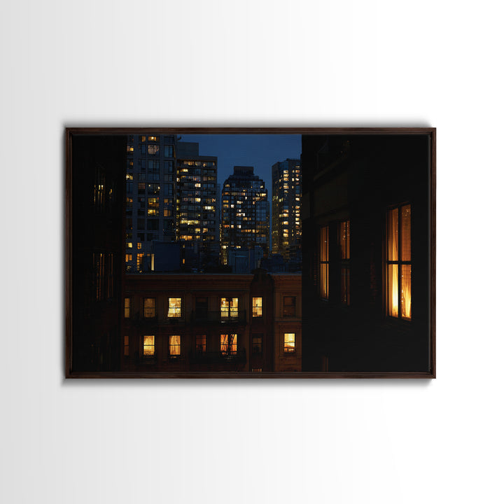 Warm Lit City Windows Wall Art, Urban Night Photography Print, Modern Home Decor, Apartment Decor, Living Room Art, Blue Art