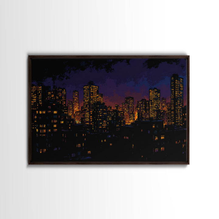 Purple City Skyline At Dusk Canvas Print, Urban Night Poster, Modern Wall Art, Retro Decor, Living Room Decor, Blue Art, Wall Decor