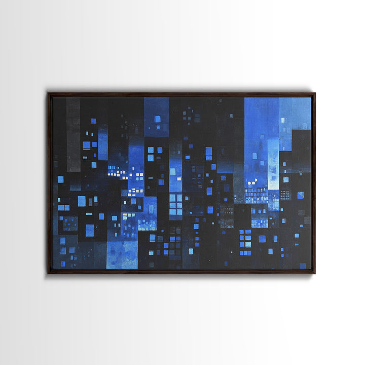 Moody Blue Abstract City Wall Art, Geometric Skyline Canvas Print, Modern Wall Decor, Office Decor, Living Room Art, Blue Art