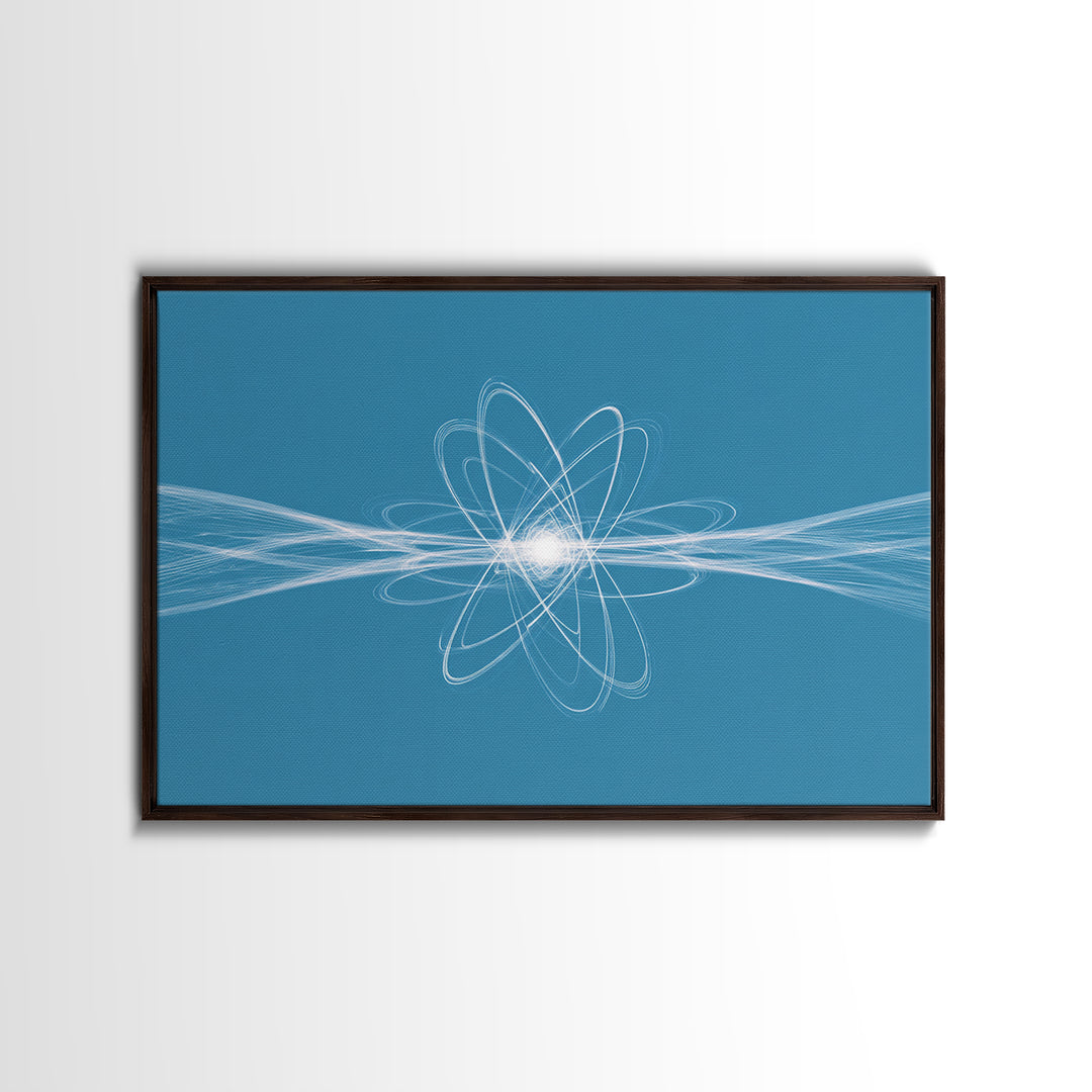 White Atom Energy Lines Canvas Print, Blue Scientific Abstract Art, Modern Wall Decor, Office Decor, Minimalist Art Print