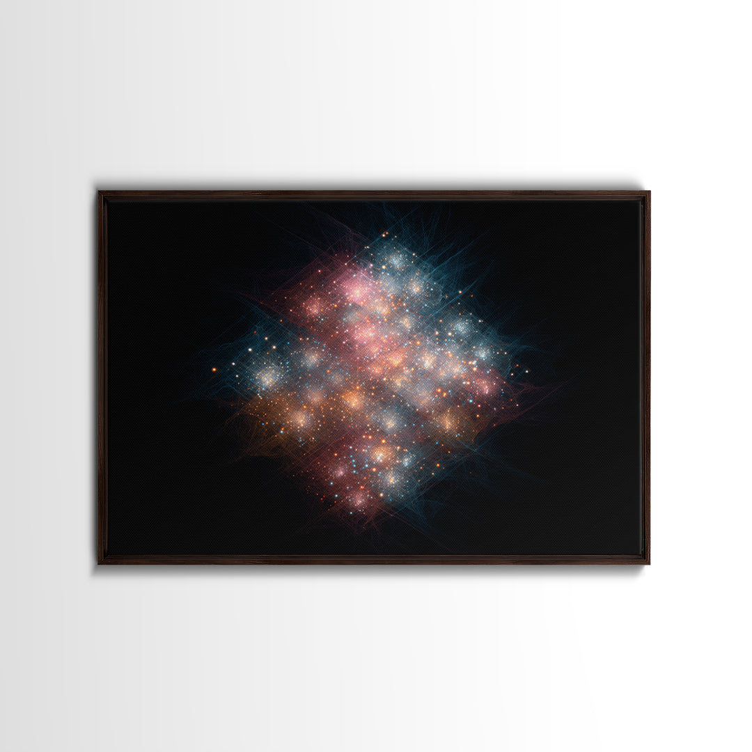 Glowing Cosmic Nebula Particle Cluster Framed Canvas Print, Space Abstract Art, Modern Wall Art, Galaxy Decor, Statement Piece