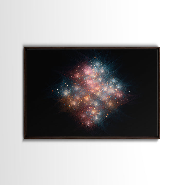 Glowing Cosmic Nebula Particle Cluster Framed Canvas Print, Space Abstract Art, Modern Wall Art, Galaxy Decor, Statement Piece