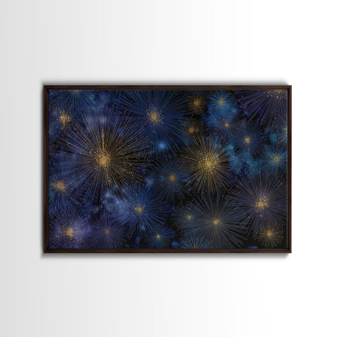 Blue Gold Cosmic Starburst Fireworks Canvas Print, Modern Abstract Art, Space Wall Art, Dark Navy Office Decor, Giclee Print