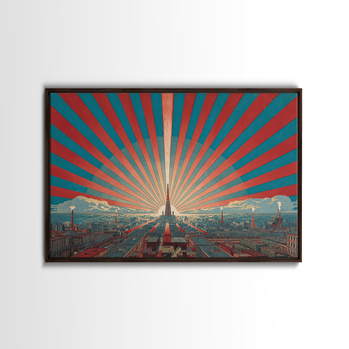 Retro City Skyline Sunburst Wall Art, Art Deco Poster, Midcentury Modern Wall Decor, Teal Red Architectural Print, Living Room Decor