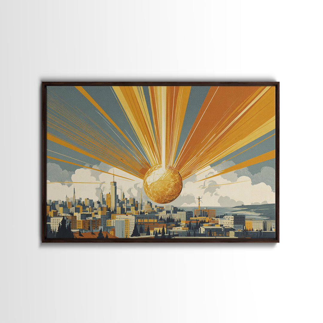 Golden Sphere Over Retro City Skyline Framed Canvas Print, Sunburst Wall Art, Midcentury Modern Decor, Futuristic Poster
