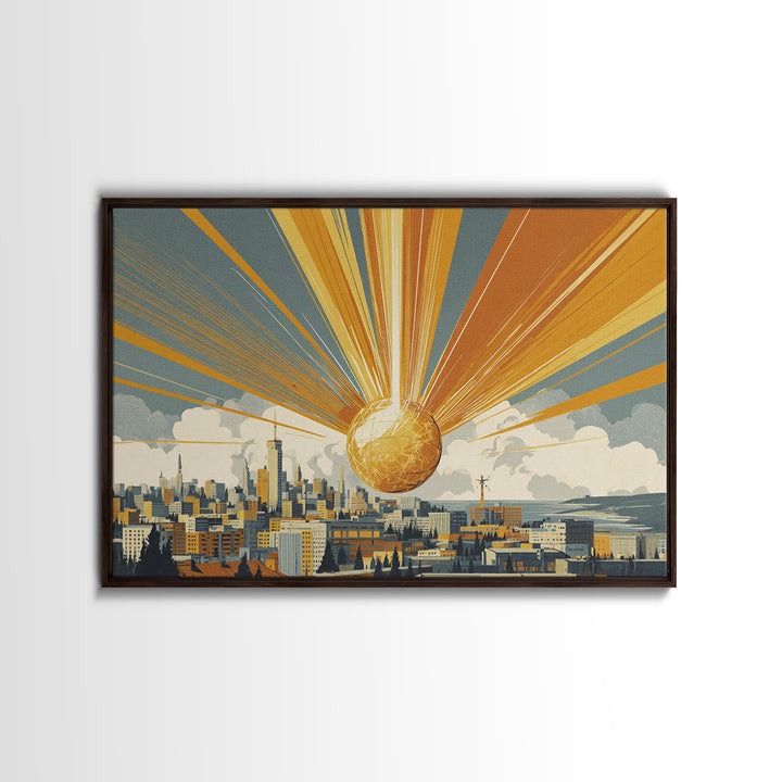 Golden Sphere Over Retro City Skyline Framed Canvas Print, Sunburst Wall Art, Midcentury Modern Decor, Futuristic Poster