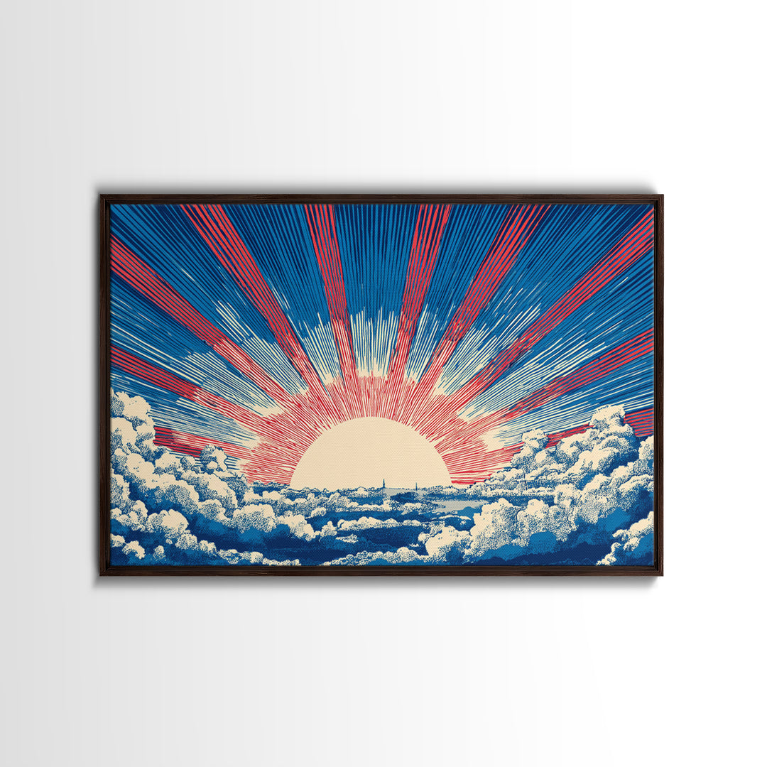 Radiant Sun Above Cloud Sea Canvas Print, Midcentury Modern Art, Retro Sun Poster, Blue Red Rays For Bedroom Wall Decor Prints