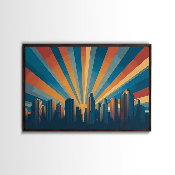 Retro City Skyline Sunrise Rays Wall Art, Midcentury Modern Poster, Urban Modern Art Print For Office And Living Room Decor