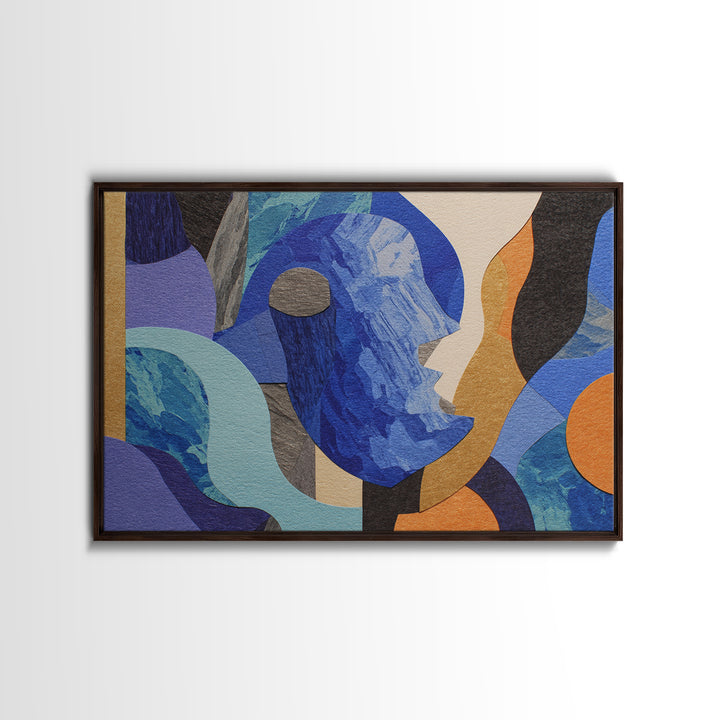 Cubist Blue Profile Face Abstract Wall Art, Modern Contemporary Collage Print, Geometric MCM Artwork For Bedroom Decor Gift