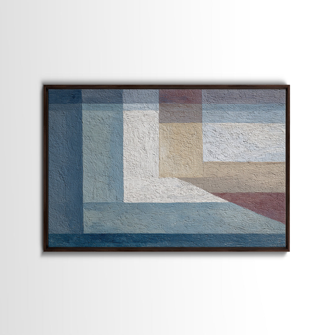 Muted Blue Beige Geometric Blocks Framed Canvas Print, Minimalist Modern Abstract Art, Neutral Wall Decor For Living Room