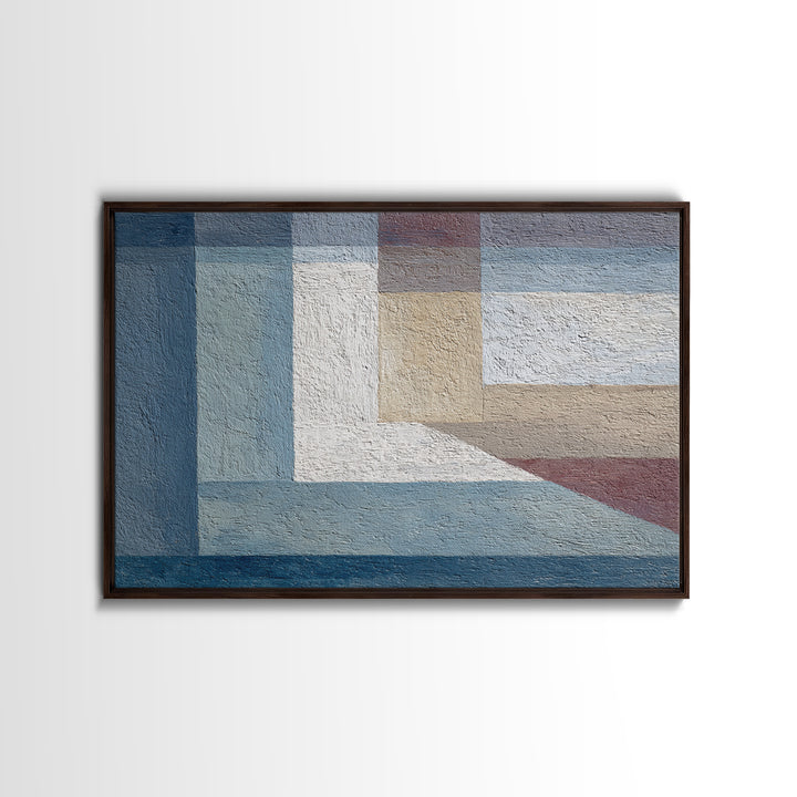 Muted Blue Beige Geometric Blocks Framed Canvas Print, Minimalist Modern Abstract Art, Neutral Wall Decor For Living Room