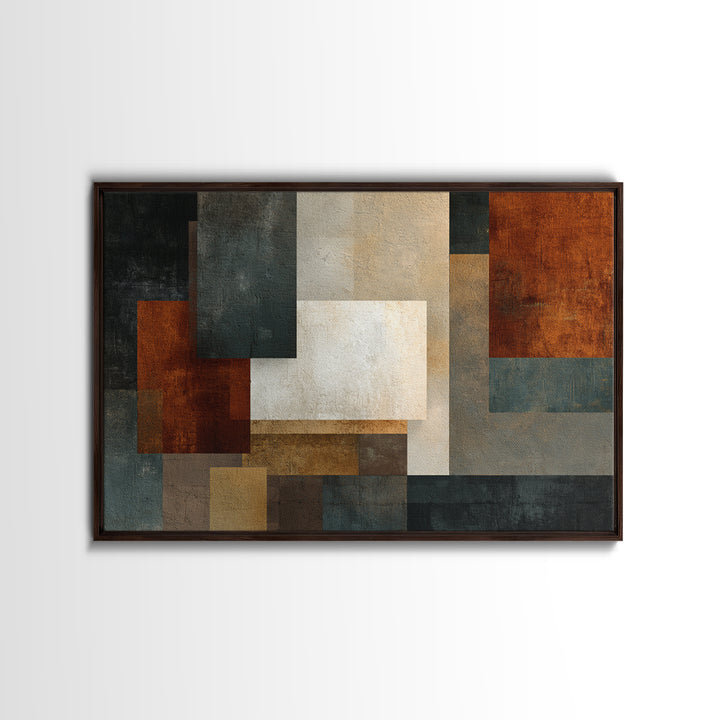 Textured Geometric Blocks In Rust Blue And Cream Wall Art, Midcentury Modern Abstract Art Print, MCM Living Room Decor Gift