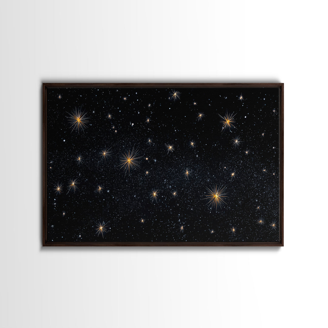 Black Night Sky With Golden Starbursts Wall Art, Cosmic Retro Art Print, Space Abstract Art, Modern Wall Decor, Bedroom Art Prints