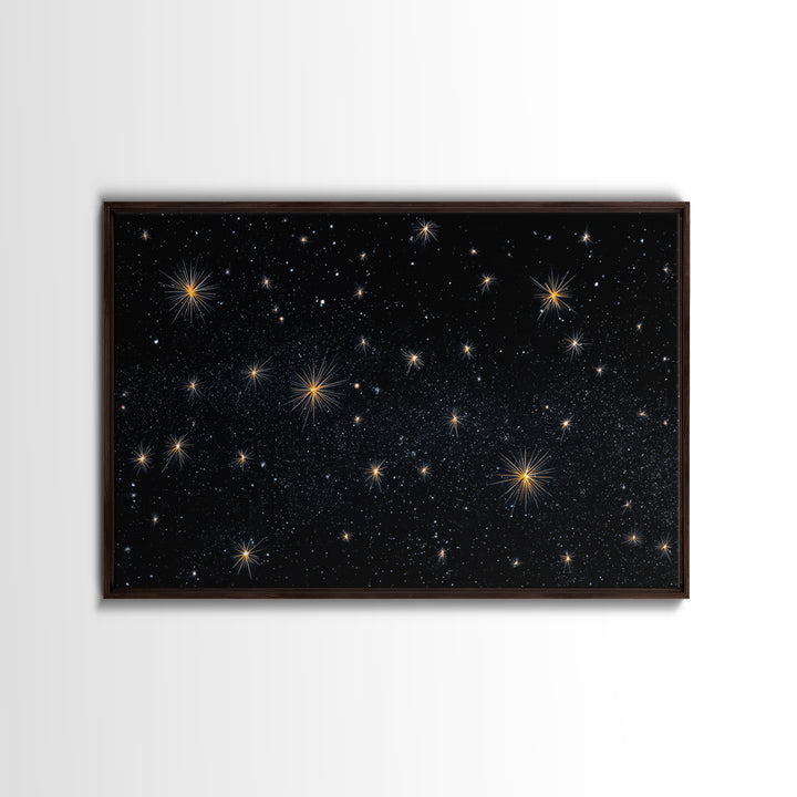 Black Night Sky With Golden Starbursts Wall Art, Cosmic Retro Art Print, Space Abstract Art, Modern Wall Decor, Bedroom Art Prints