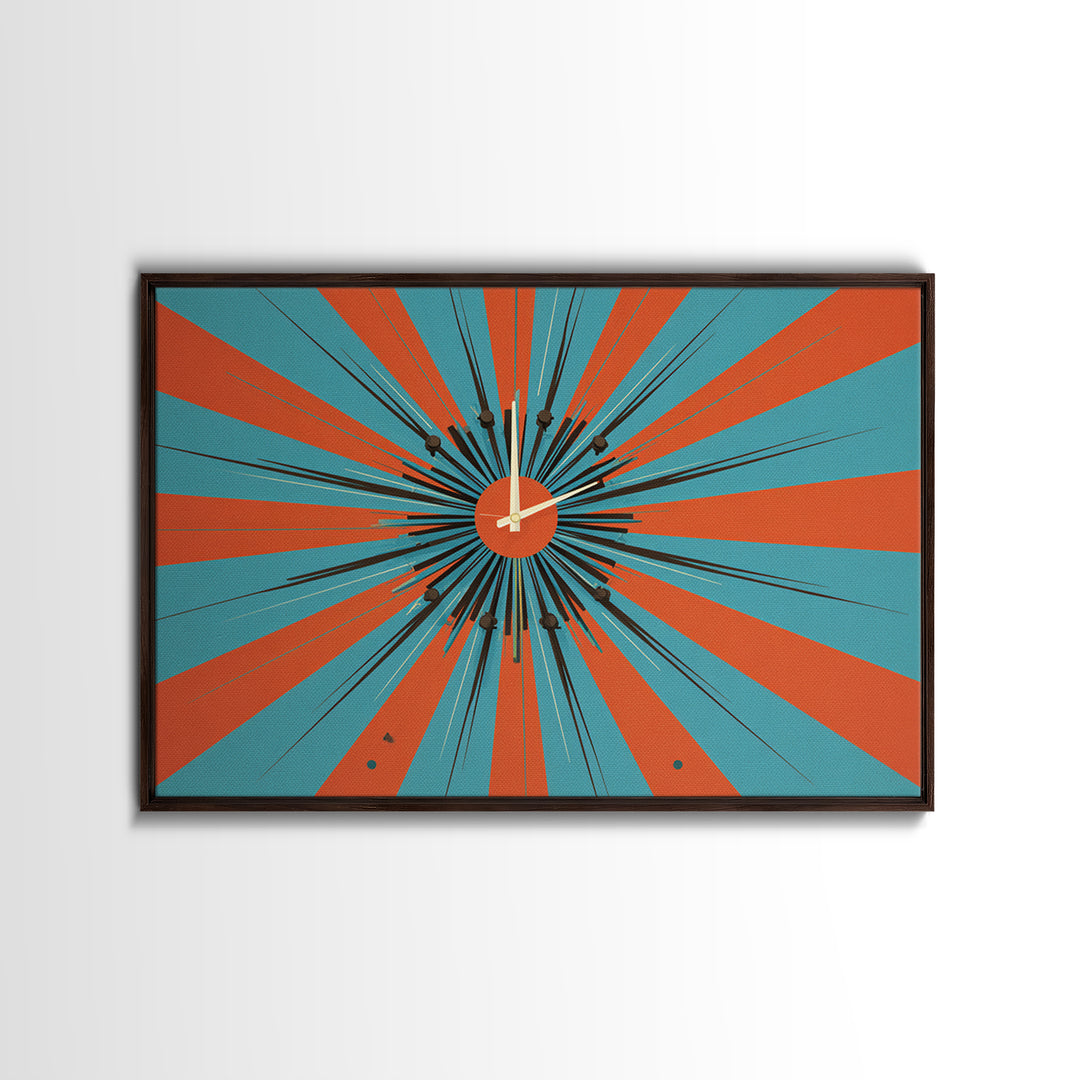 Orange Teal Atomic Starburst Framed Canvas Print, Midcentury Modern Wall Art, Retro Geometric Poster, MCM Decor, Living Room Art