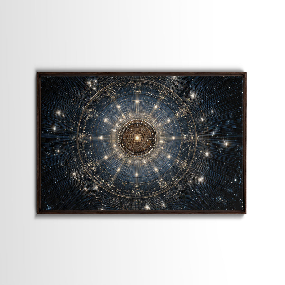 Golden Celestial Mechanical Mandala Wall Art, Cosmic Geometric Art Print, Modern Abstract Space Decor, Statement Poster Gift