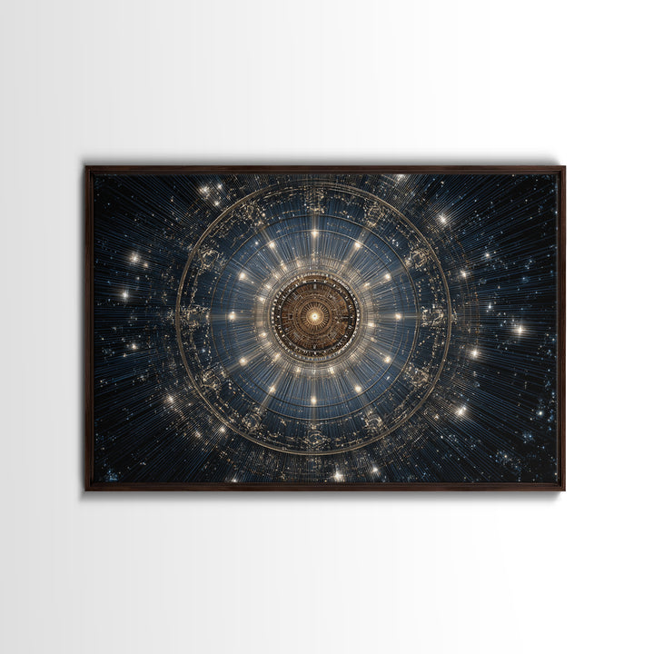 Golden Celestial Mechanical Mandala Wall Art, Cosmic Geometric Art Print, Modern Abstract Space Decor, Statement Poster Gift
