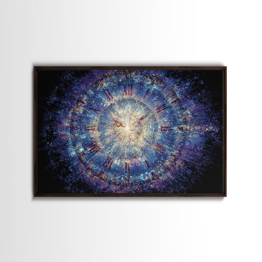 Exploding Cosmic Clock With Roman Numerals Canvas Print, Blue Space Abstract Art, Modern Wall Art, Celestial Time Decor Poster