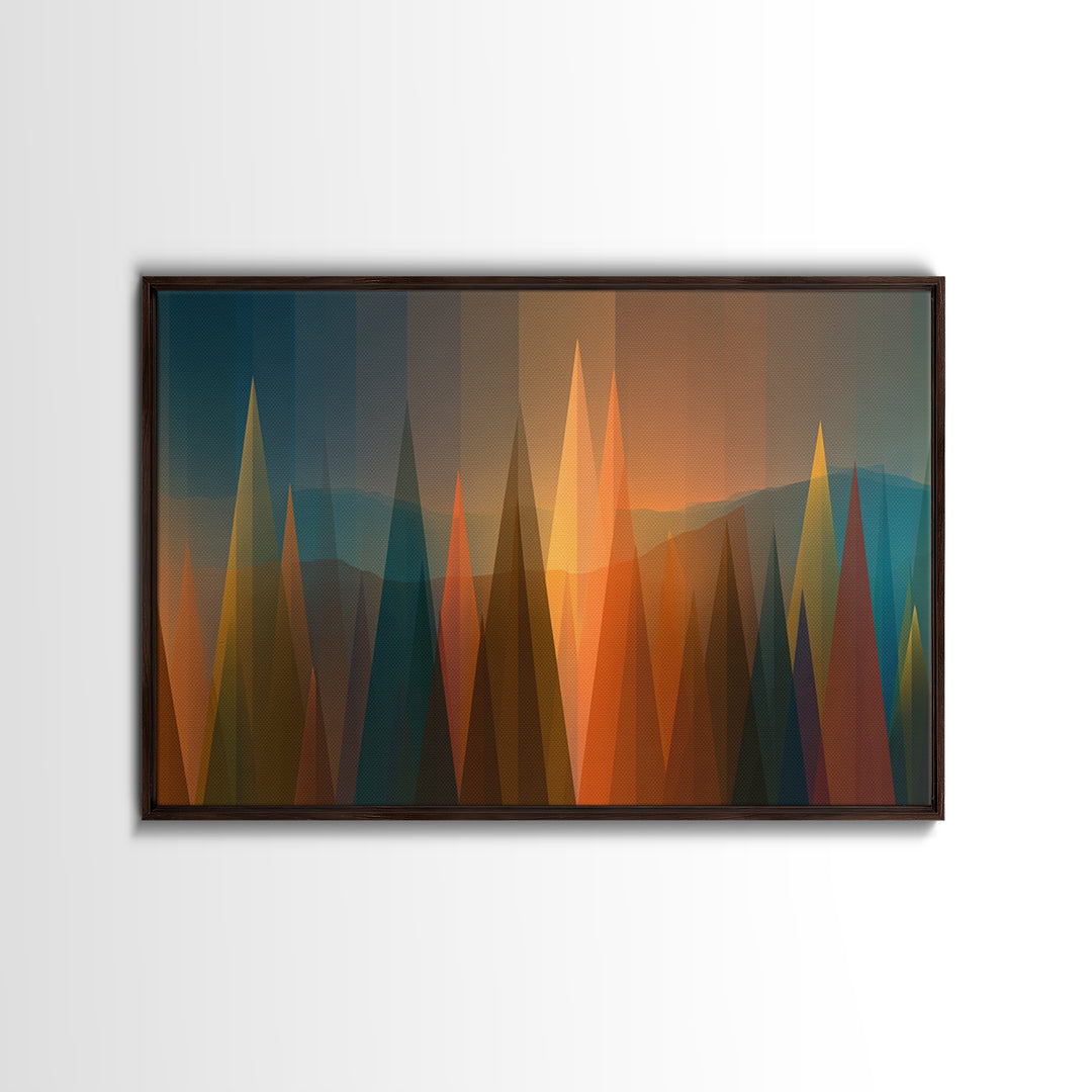 Abstract Sunset Forest Spires Wall Art, Midcentury Modern Canvas Print, Geometric Landscape, Office Decor, MCM Wall Art Print