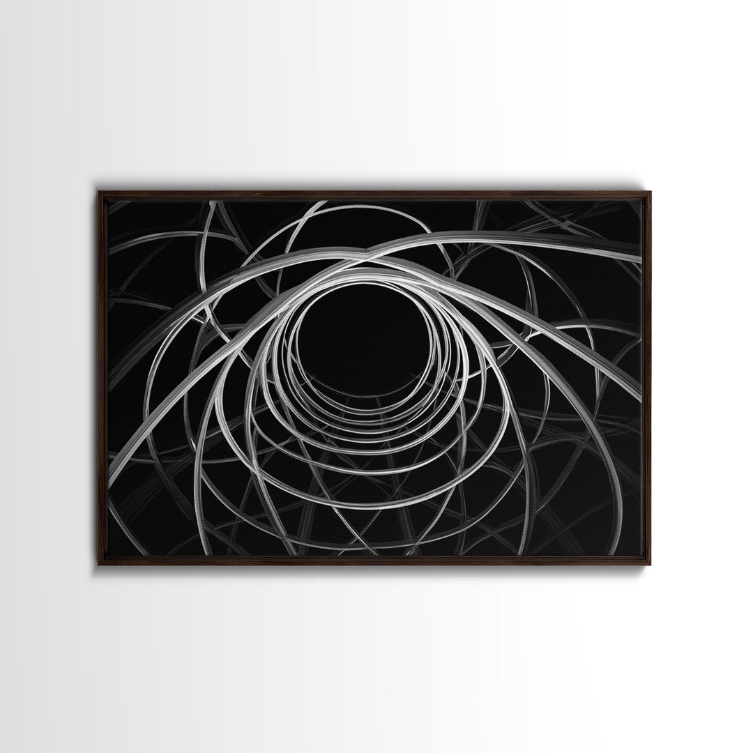 Black And White Orbital Vortex Wall Art, Modern Abstract Line Print, Monochrome Geometric Op Art For Statement Office Decor