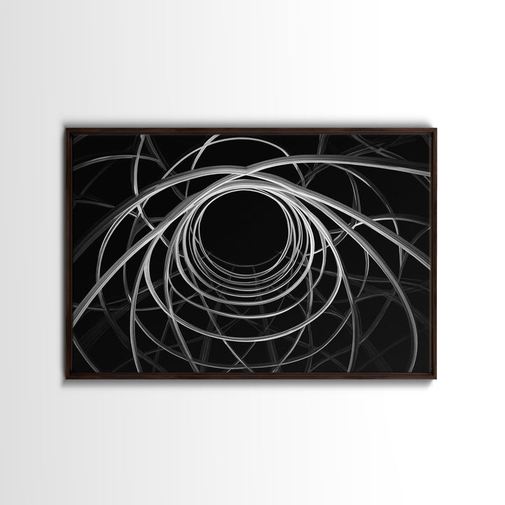 Black And White Orbital Vortex Wall Art, Modern Abstract Line Print, Monochrome Geometric Op Art For Statement Office Decor
