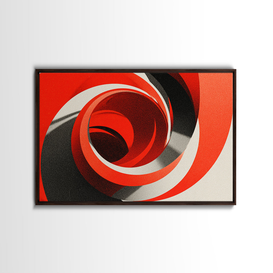 Red Spiral Vortex And Black Curves Canvas Print, Bold Modern Abstract Op Art Poster, Retro Geometric Statement Wall Decor