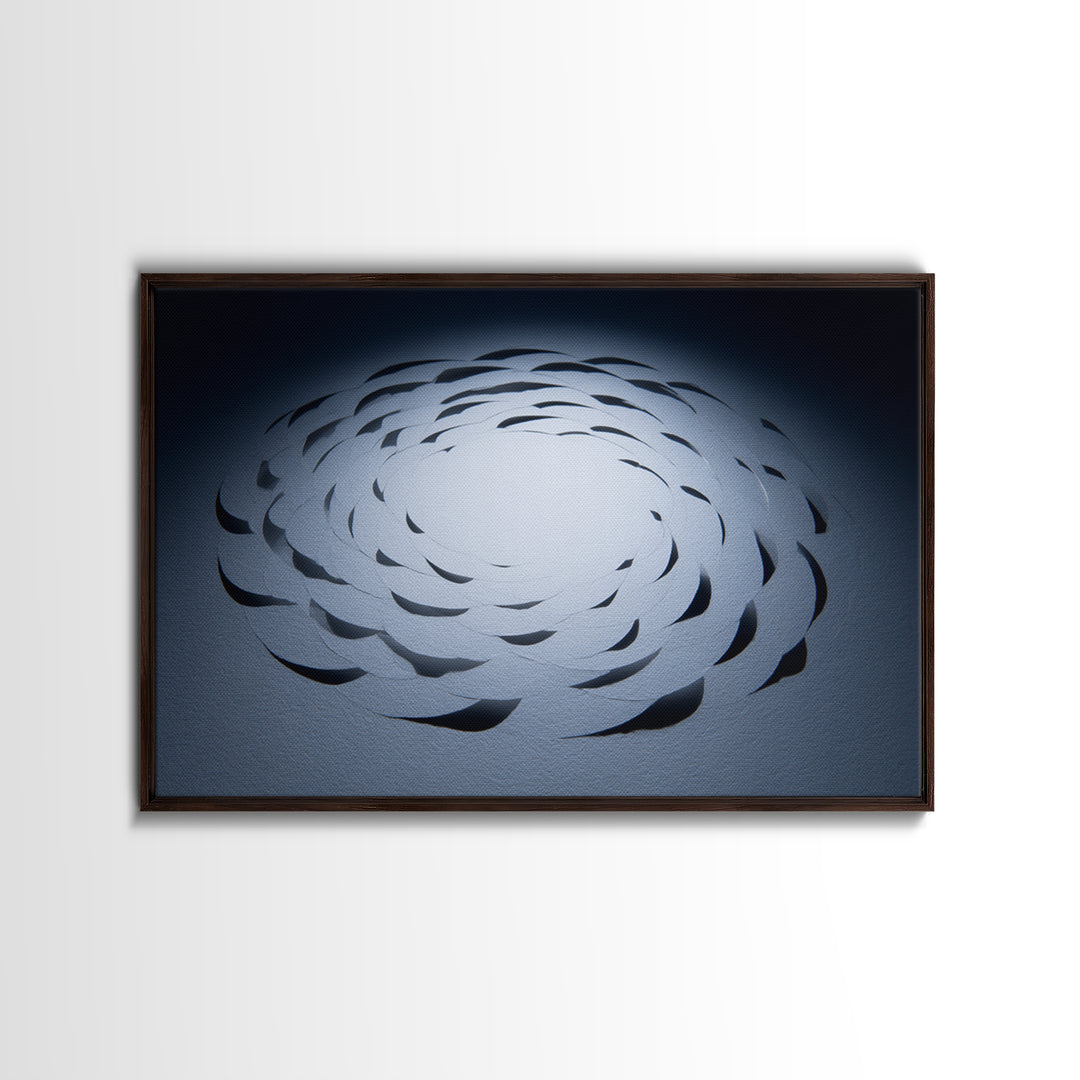 White Paper Cut Spiral Flower Canvas Print, Minimalist Modern Abstract Wall Decor, Blue Black Sculptural Textile Statement Art