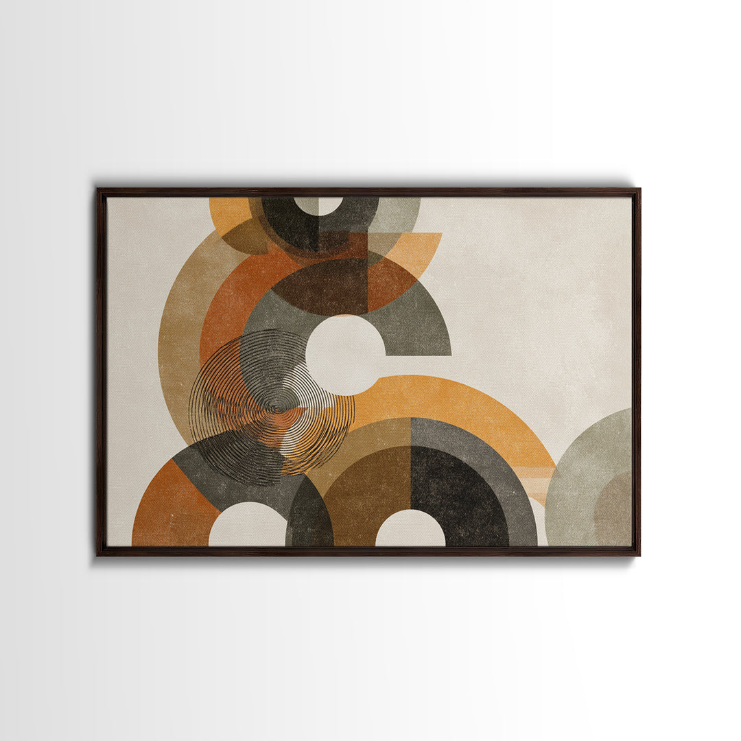 Earthy Orange Black And Beige Circles Framed Canvas Print, Midcentury Modern Abstract Geometric Wall Decor, Retro MCM Art