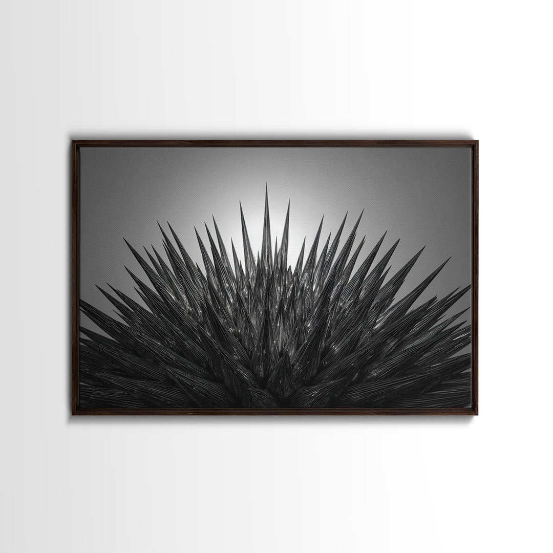 Black Spiky Radial Feather Abstract Wall Art, Monochrome Modern Nature Print, Dramatic Geometric Statement Office Decor