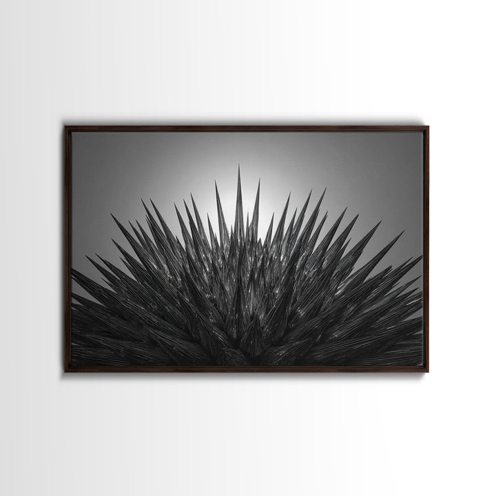 Black Spiky Radial Feather Abstract Wall Art, Monochrome Modern Nature Print, Dramatic Geometric Statement Office Decor