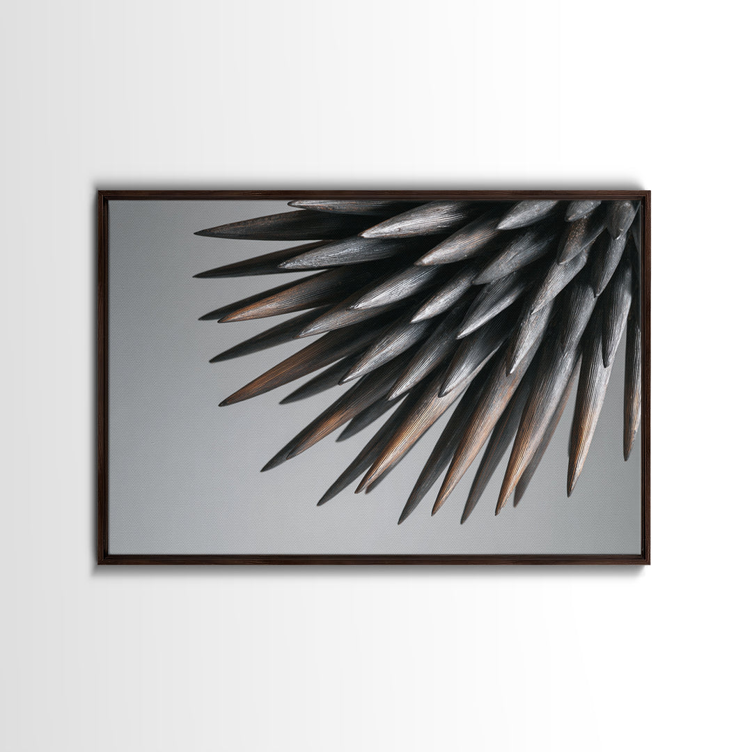 Metallic Black Spines Close Up Canvas Print, Modern Abstract Nature Office Wall Decor, Minimalist Monochrome Statement Art