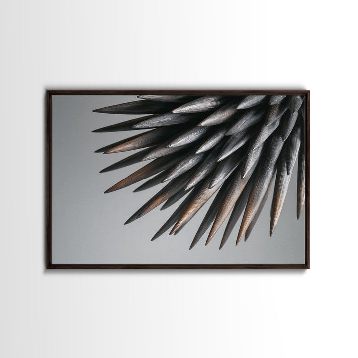 Metallic Black Spines Close Up Canvas Print, Modern Abstract Nature Office Wall Decor, Minimalist Monochrome Statement Art