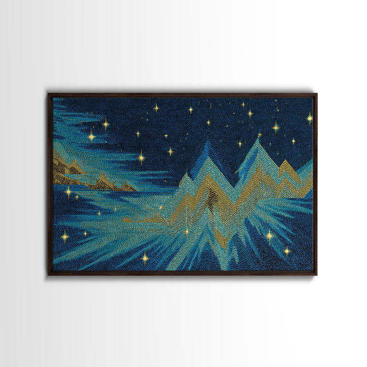 Starry Turquoise Mountains With Golden Peaks, Framed Canvas Print, Cosmic Retro Wall Art, Modern Abstract Decor For Living Room