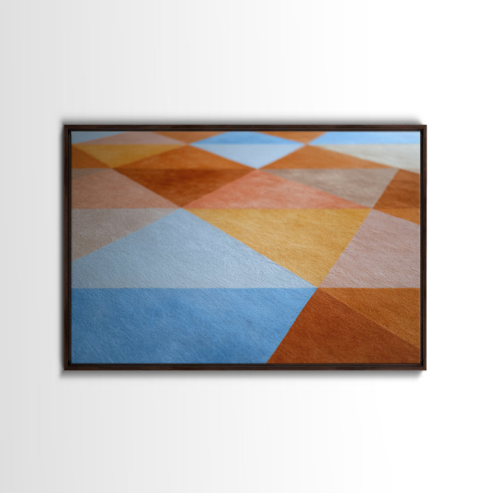 Rust Blue Ochre Triangle Pattern Wall Art, Midcentury Modern Geometric Art Print, Abstract Home Office Decor, Large Canvas Print