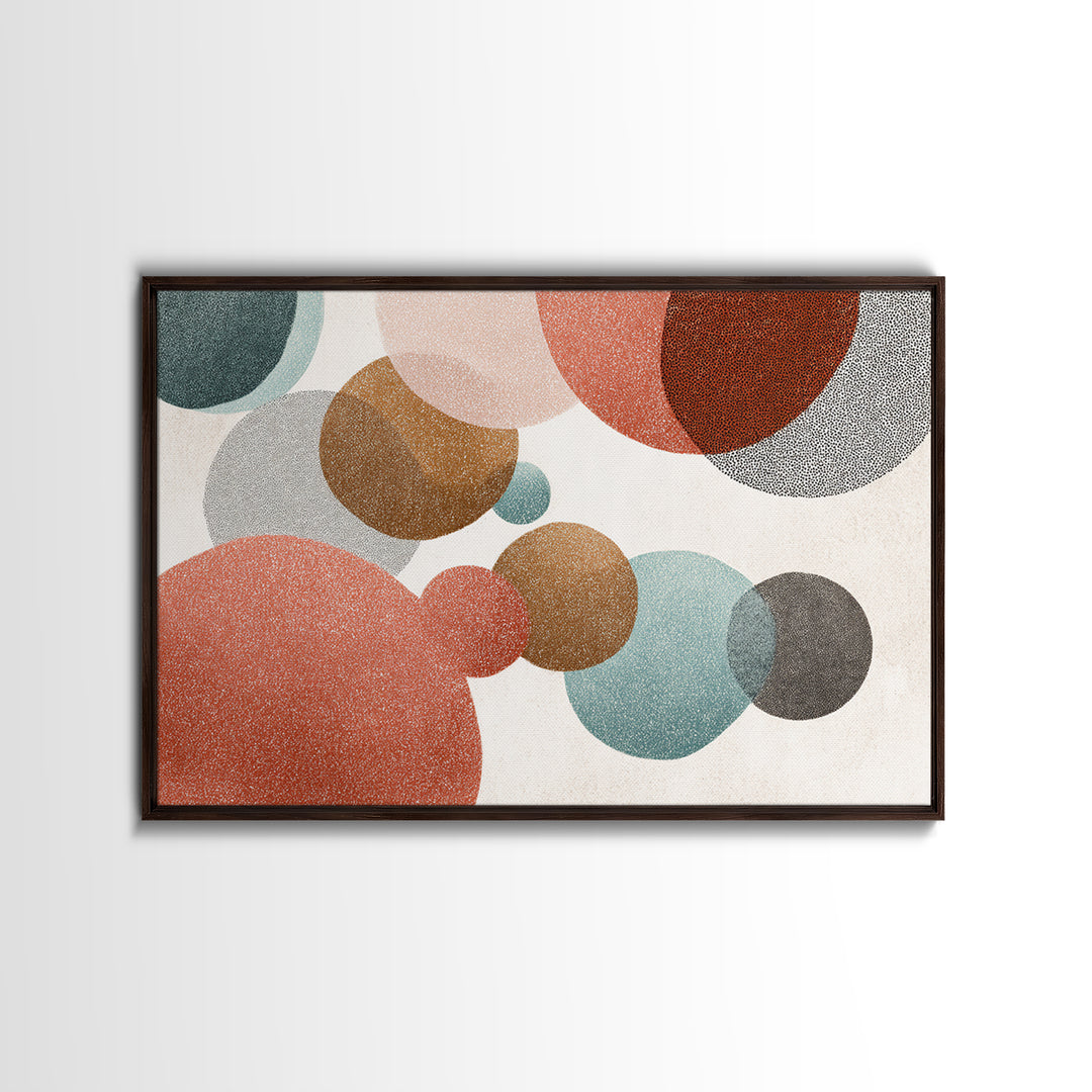 Overlapping Muted Circles In Coral Teal Brown, Canvas Print, Mid Century Modern Wall Art, Abstract Geometric Decor Poster