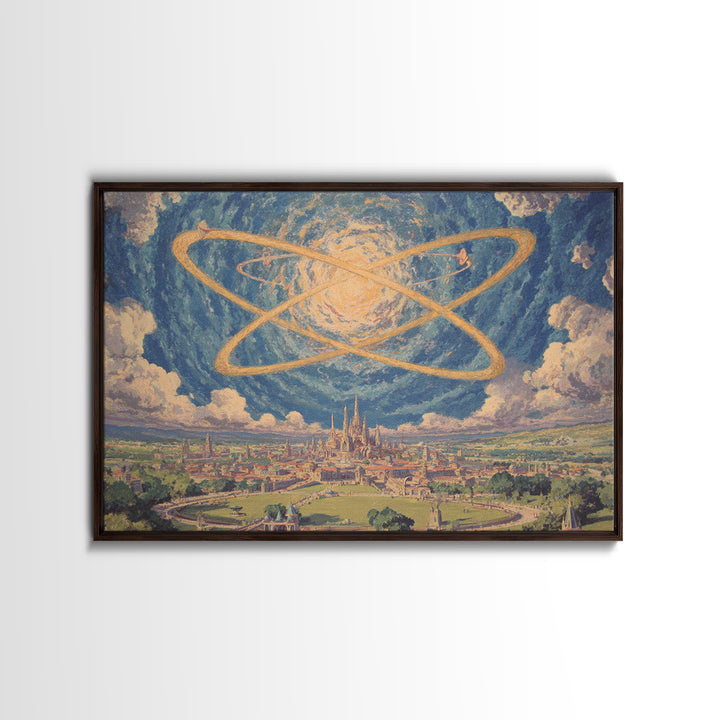 Glowing Atomic Rings Over Utopian City Wall Art, Retro Futurist Landscape Print, Midcentury Modern Sci Fi MCM Decor Poster