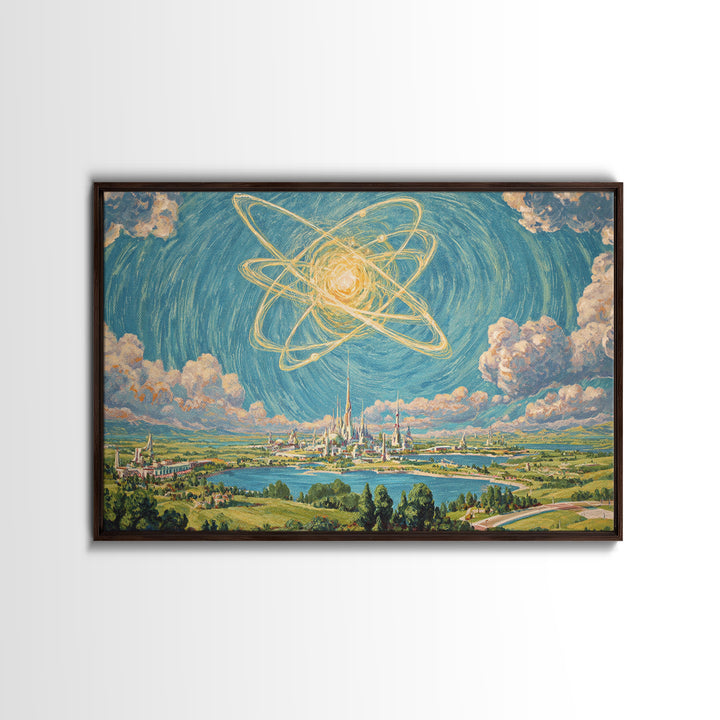 Radiant Atomic Sky Over Future City Wall Art, Midcentury Modern Sci Fi Landscape Poster, Retro Space Age MCM Decor Print