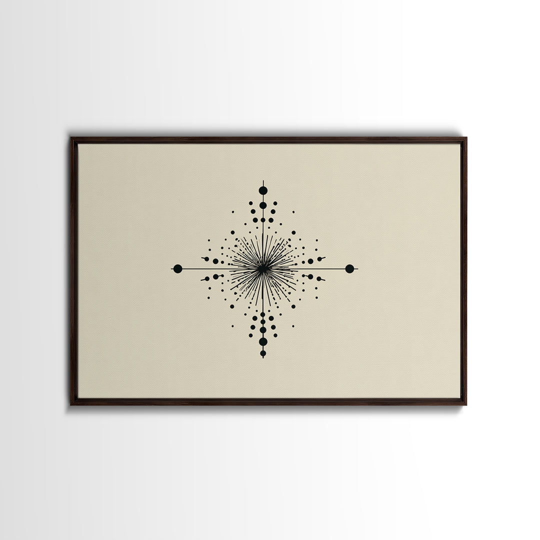 Minimal Black Dot Compass Starburst Canvas Print, Midcentury Modern Wall Art, Geometric Abstract Poster, Neutral MCM Decor