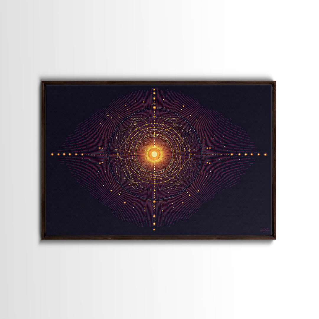 Glowing Orange Cosmic Mandala Wall Art, Midcentury Modern Abstract Art Print, Space Geometric Retro Decor, Large MCM Poster