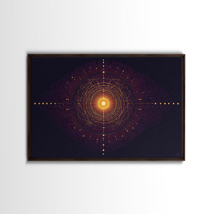 Glowing Orange Cosmic Mandala Wall Art, Midcentury Modern Abstract Art Print, Space Geometric Retro Decor, Large MCM Poster