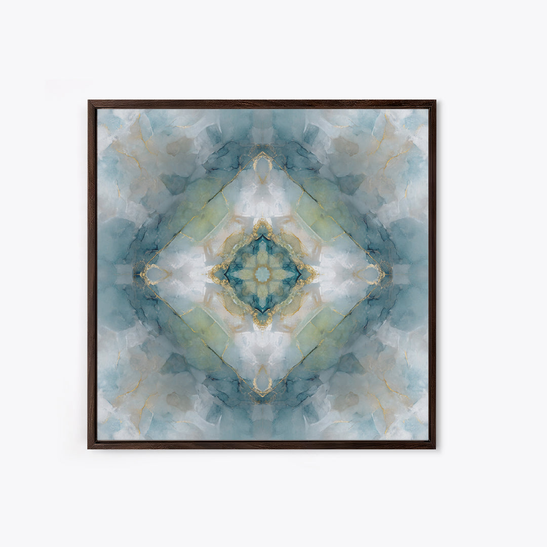 Mandala with Soft Gold and Indigo Symmetry Framed Canvas Print, Meditation Art, Zen Wall Art, Living Room Decor, Stillness, MED-1x1-2